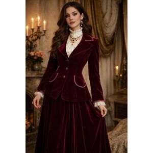 Vintage 11 12 Velvet Blazer Skirt Suit Burgundy 60s 70s Lace Blouse 3 Piece Maxi